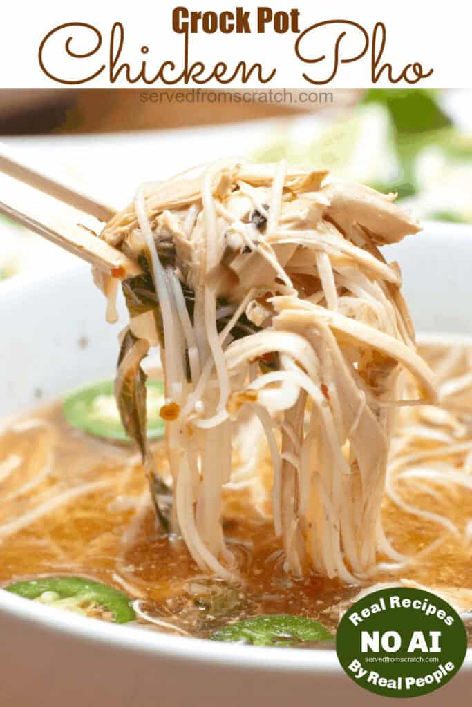 Pinterest pin text with chopsticks holding up a bite of noodles and chicken over the bowl with NO AI sticker.