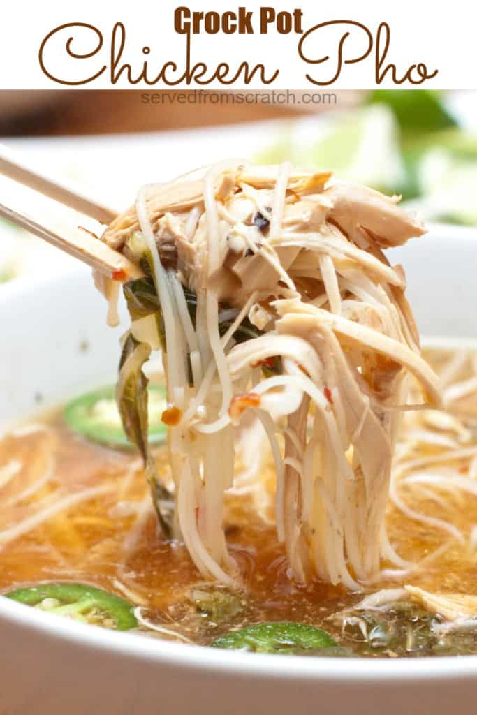 chopsticks holding up a bite of chicken pho with Pinterest pin text.
