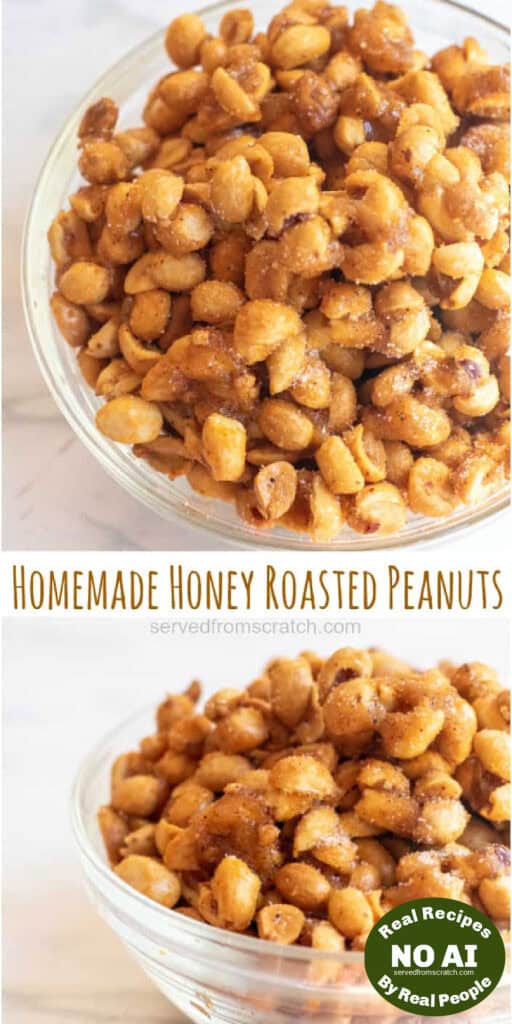 honey roasted peanuts in a bowl with Pinterest pin text with NO AI sticker.