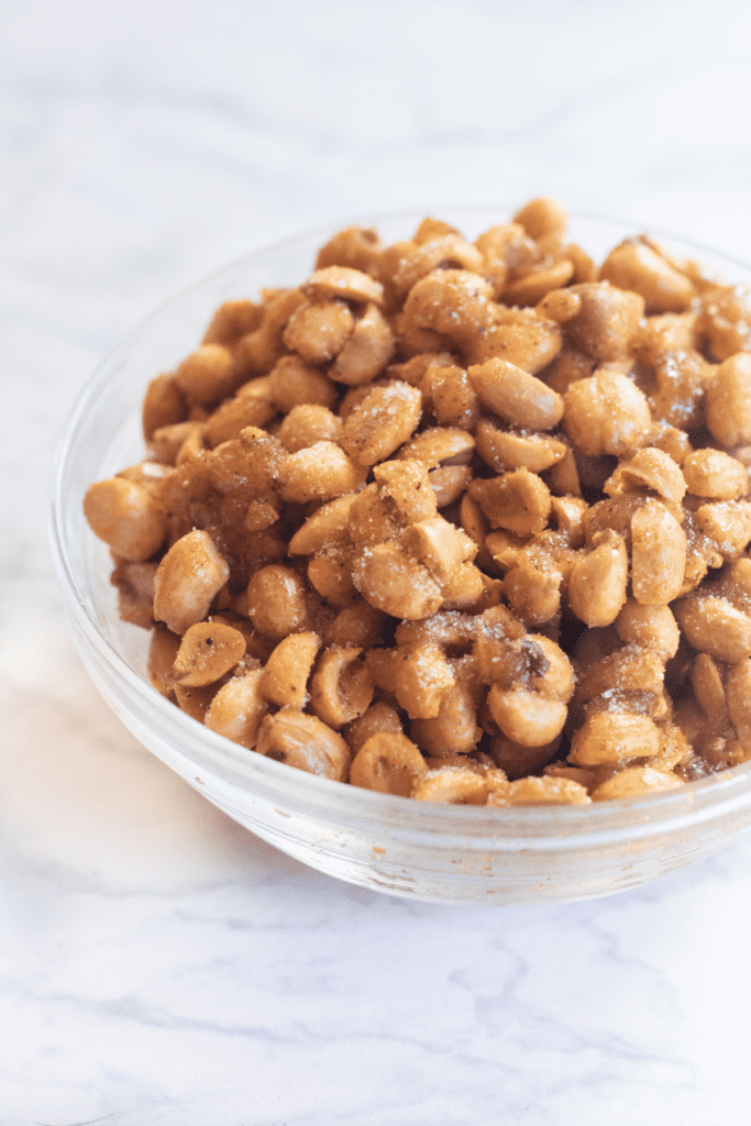 a bowl of honey roasted peanuts.