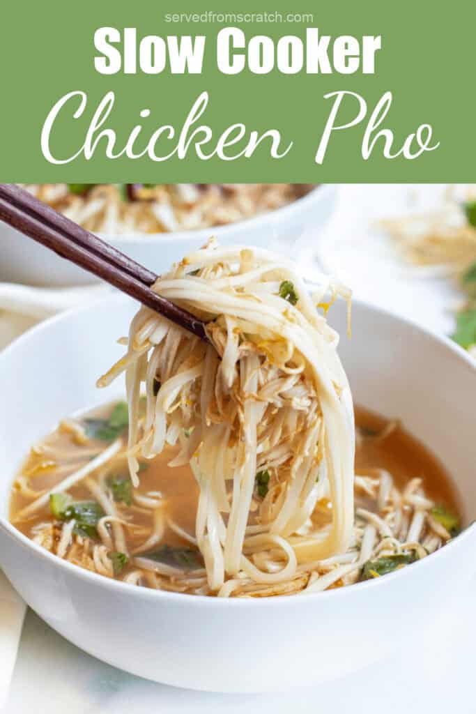 Pinterest pin text with chopsticks holding up a bite of noodles and chicken over the bowl.