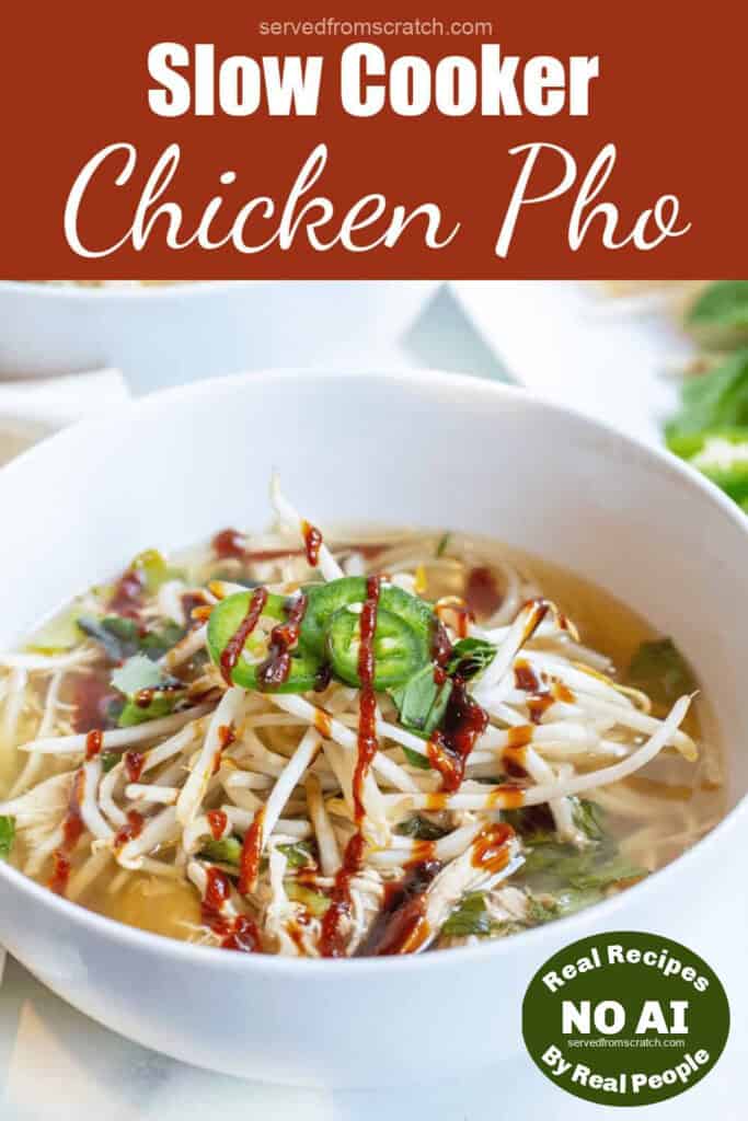 an overhead of a bowl of pho with chopsticks and Pinterest pin text with NO AI sticker.