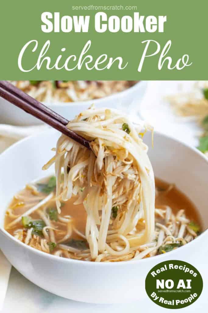 Pinterest pin text with chopsticks holding up a bite of noodles and chicken over the bowl with NO AI sticker.