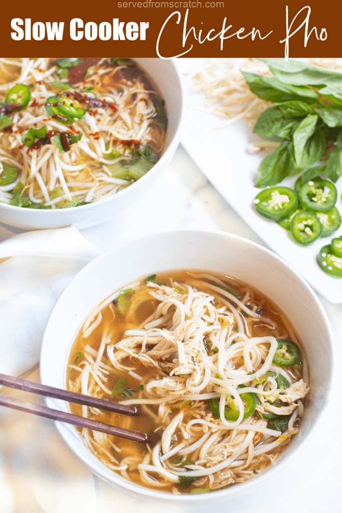 a bowl of pho with chopsticks and Pinterest pin text.