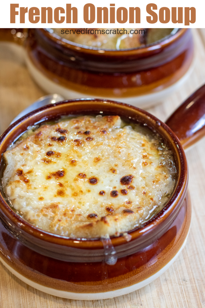 a crock of soup with bread and melted cheese with Pinterest pin text.