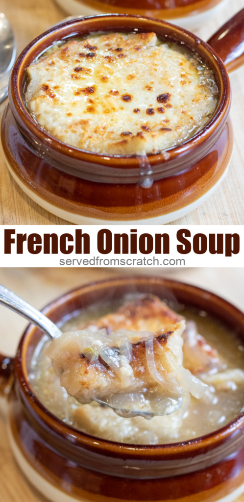 crocks of soup topped with cheese and onions with Pinterest pin text.