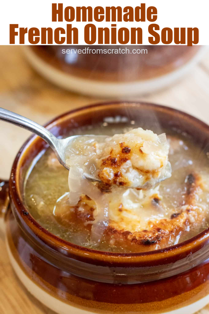 a bowl of soup with a spoonful of bread and onions and Pinterest text.