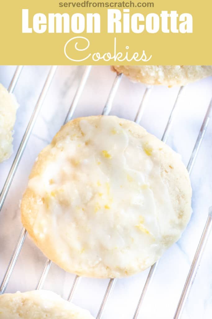 a lemon glazed cookie on a cooling rack with Pinterest pin text.