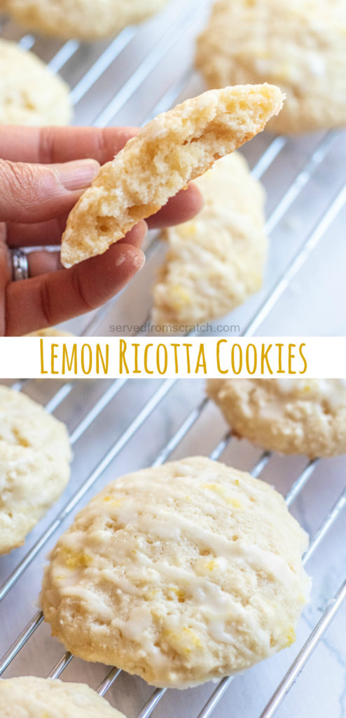 a hand holding a halved cookie and cookies on a cooling rack with Pinterest pin text.