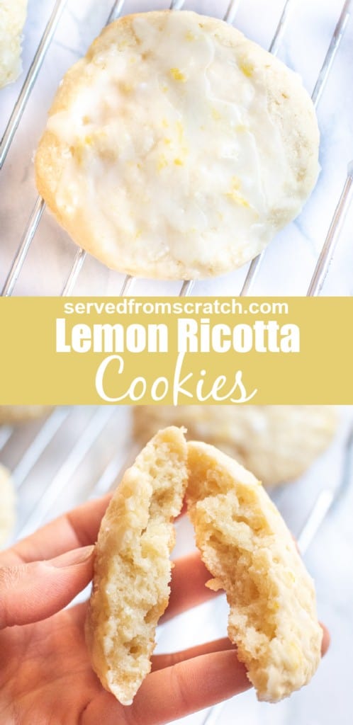 glazed lemon cookie and a hand holding a cooking in half with Pinterest pin text.