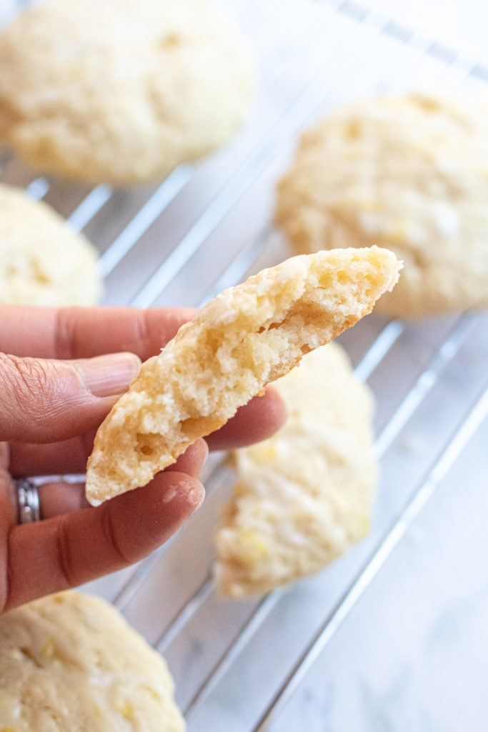 a hand holding a halved cookie.