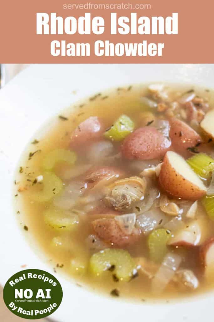 a bowl of clear chowder with clams and potatoes with Pinterest pin text an NO AI sticker.