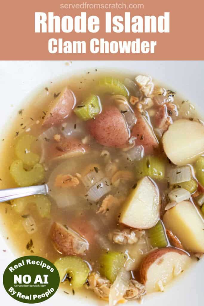 a bowl of clear chowder with clams and potatoes with Pinterest pin text and NO AI sticker.