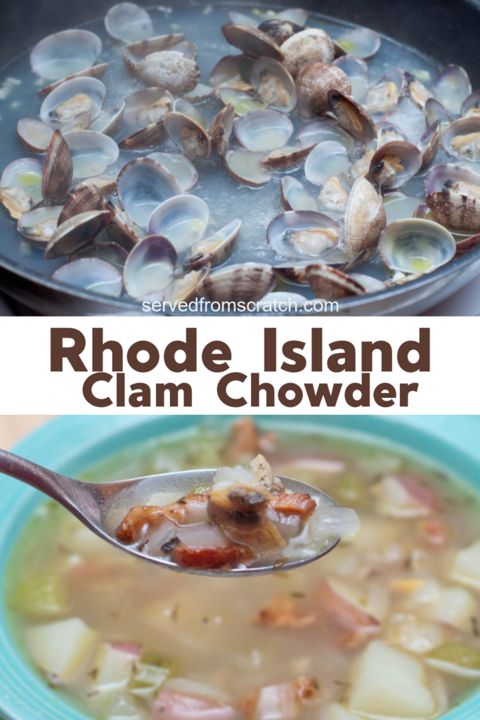 steaming clams and a bowl of clear broth clam chowder and Pinterest Pin text.