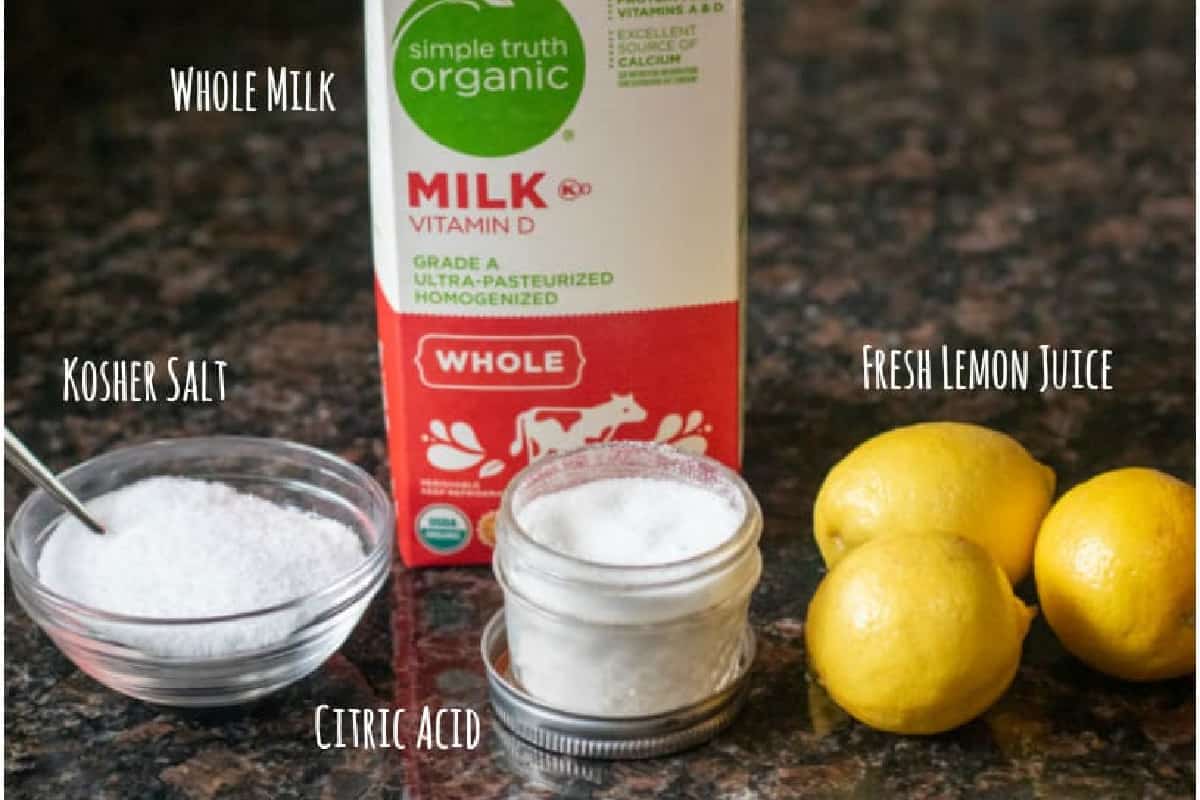 milk, citric acid, lemons, and salt on a counter.