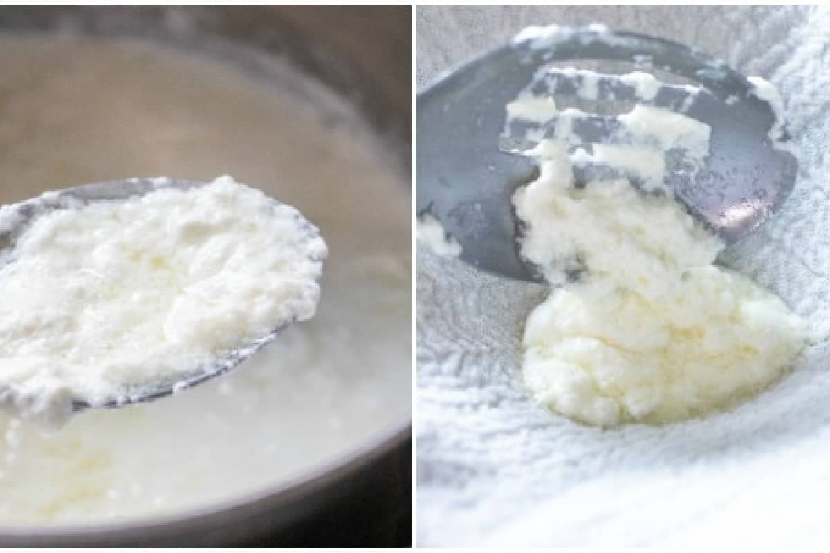 a spoon of cheese over a pot and it pouring into a a cheese cloth.