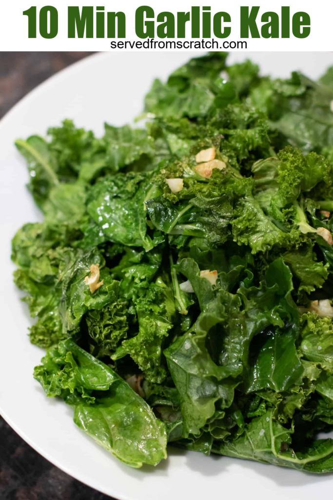 a plate of sauteed kale with garlic with Pinterest pin text.