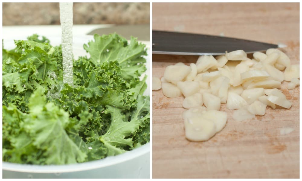 kale in a colander being rinsed in sink and chopped garlic