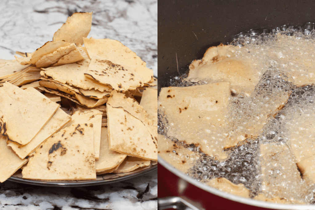 a bowl of cut corn tortillas in triangles and then frying in a pot of oil.