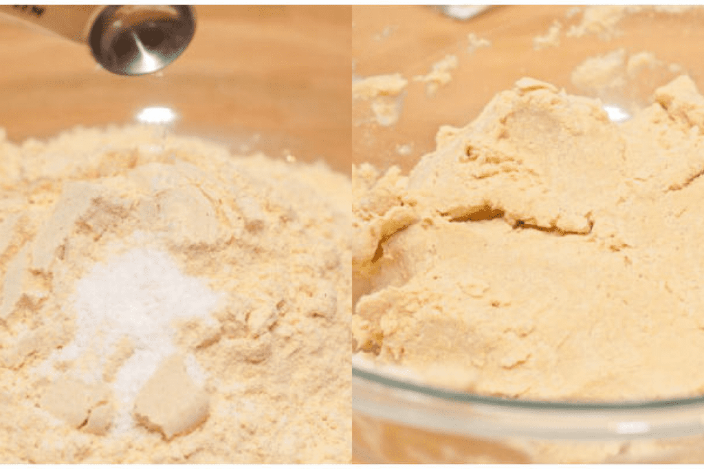 salt being poured into a bowl of masa an then a dough in the bowl.