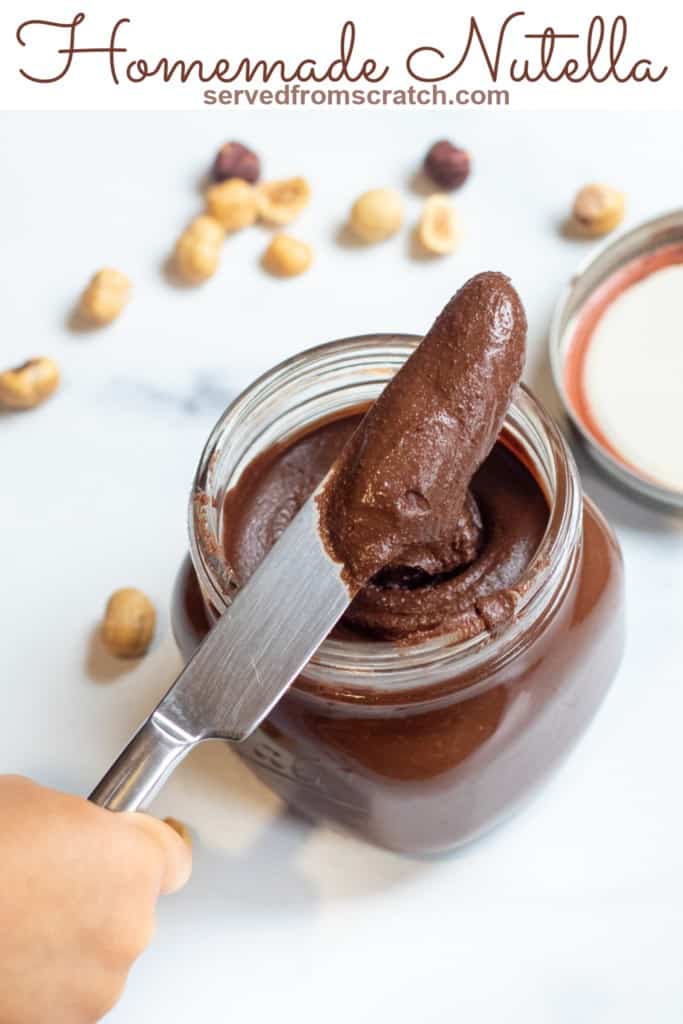 an open jar with creamy nutella with a knife and Pinterest pin text.