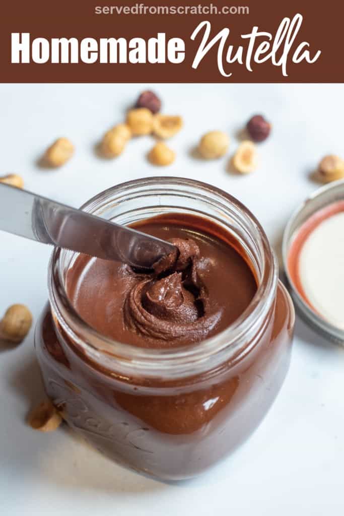 a jar of open nutella with a knife in it and Pinterest pin text.