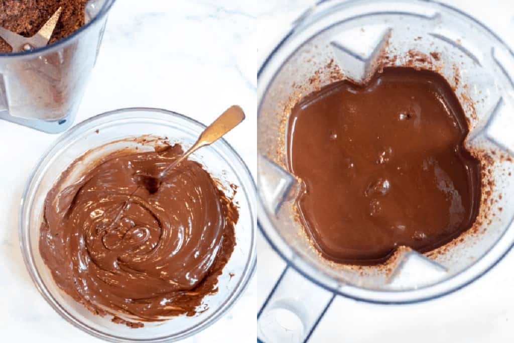 a bowl of mixed chocolate and a blender of chocolate.