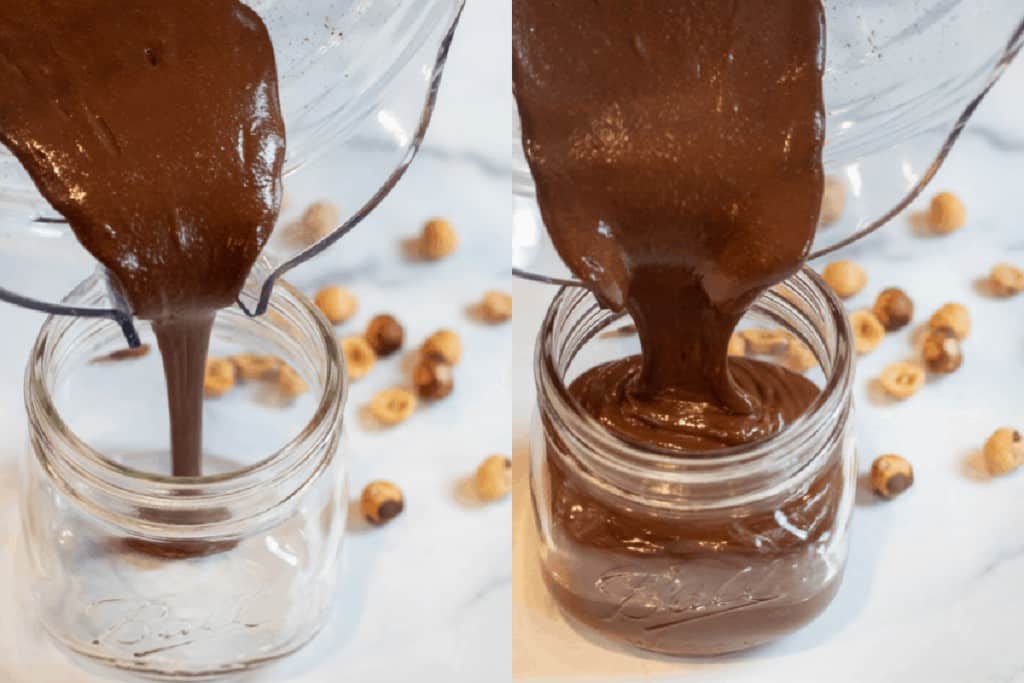 chocolate being poured into two jar. 