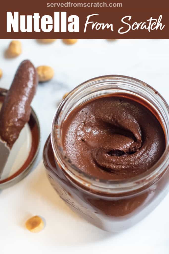 an open jar of nutella with a knife next to it covered in nutella and pinterest pin text.