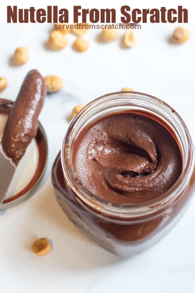 an open jar with creamy nutella with a knife next to it and Pinterest pin text.