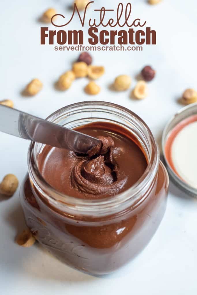 a jar of creamy nutella with a knife in it and Pinterest pin text.