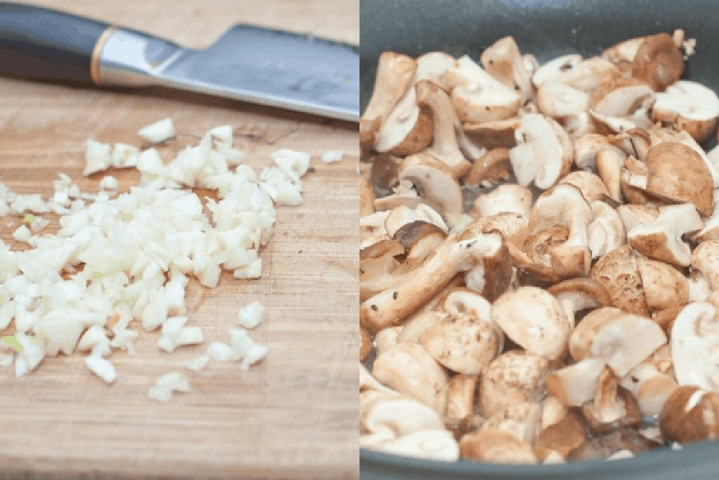 diced garlic and mushrooms sautéing in a pan