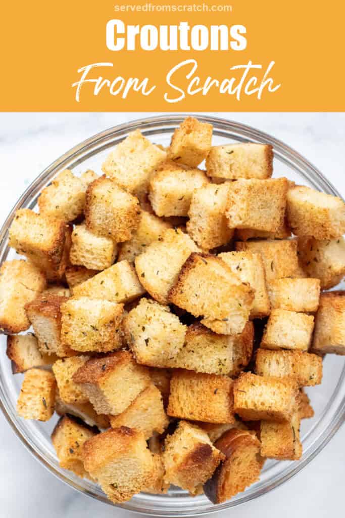 a bowl of crunch baked croutons with Pinterest pin text.