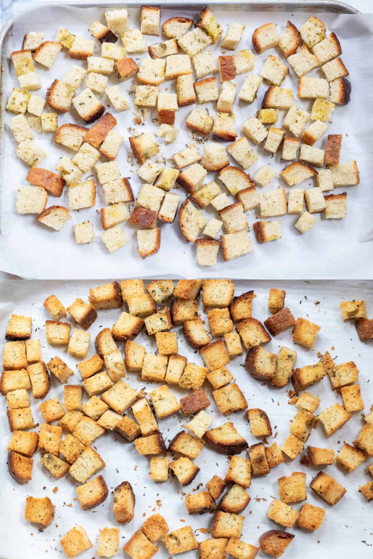 two pictures of unbaked croutons on a tray and then a tray of them baked.