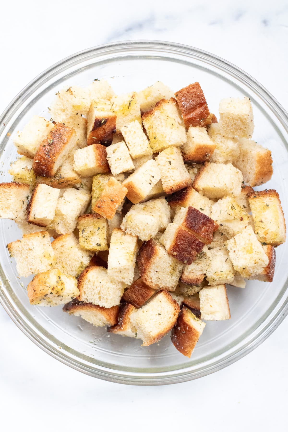 a bowl of unbaked croutons.