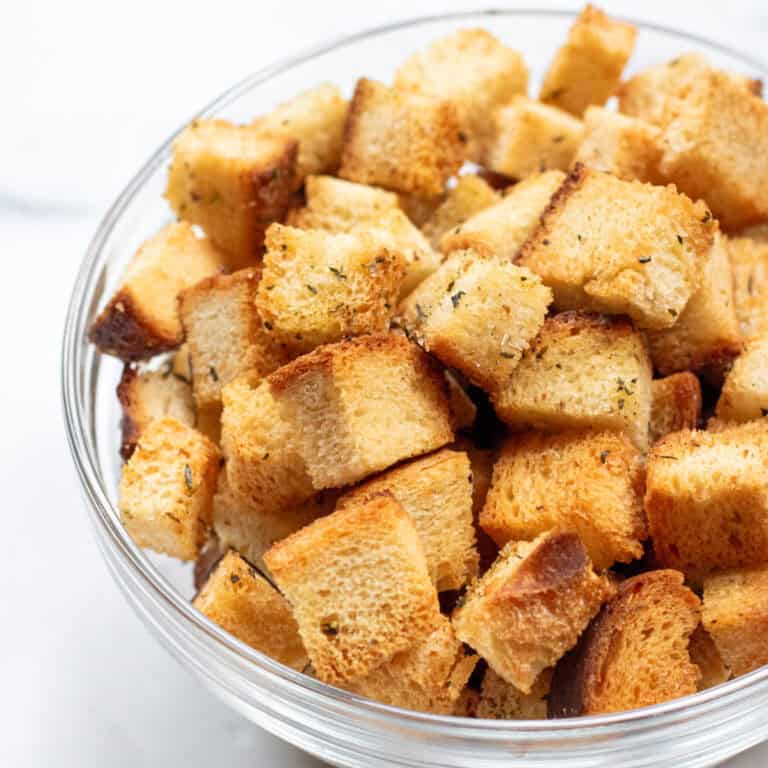 a bowl of crunch baked croutons.