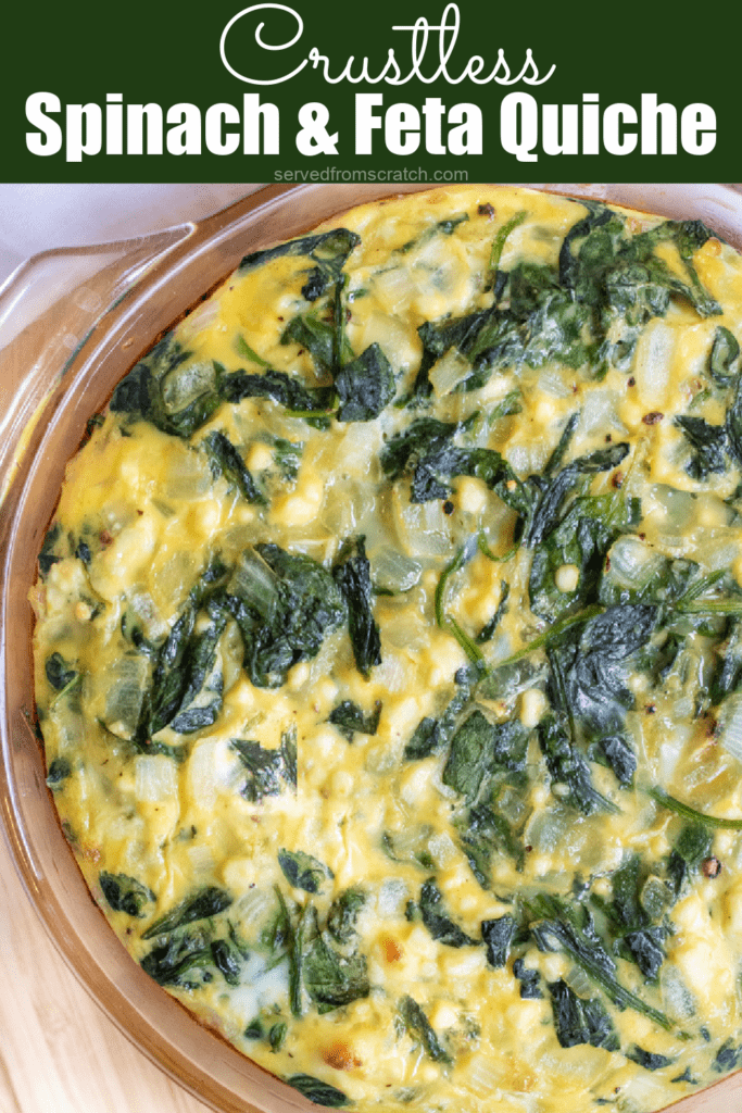 baked crustless quiche with spinach and feta with Pinterest pin text.