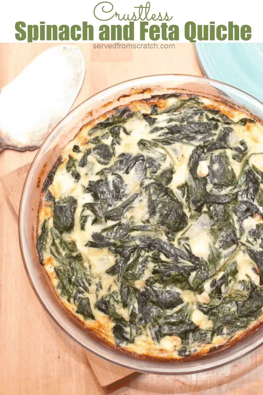 overhead of a crustless quiche with spinach and eggs.