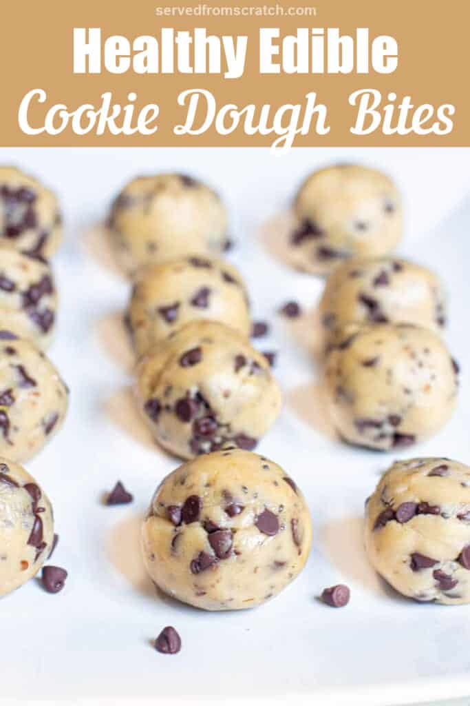 a plate lined with cookie dough balls with Pinterest pin text.