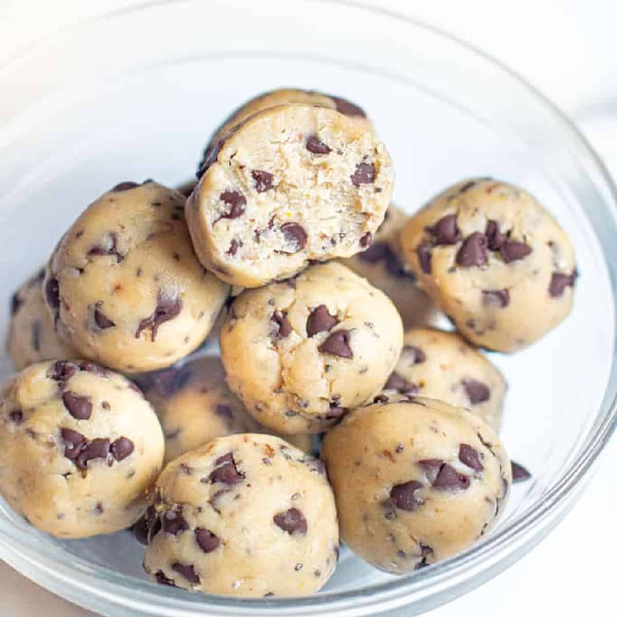 a bowl of chocolate chip cookie dough bites. 