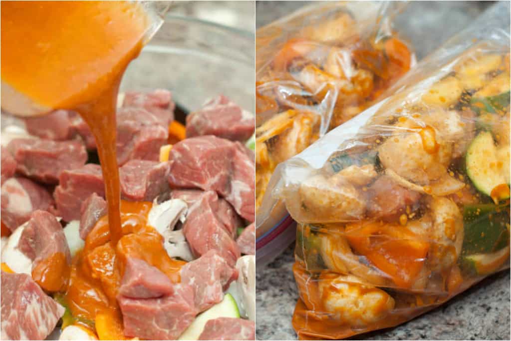 marinade poured over beef and vegetables and then bagged to marinate.