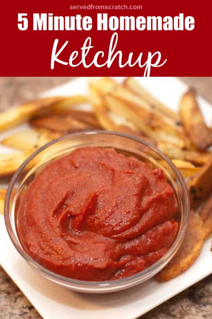 a bowl of ketchup on a plate of fries with Pinterest pin text.