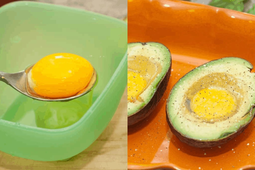 an egg with a spoon in a bowl and a yolk in a avocado.