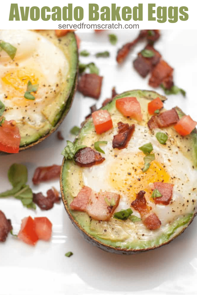 a plate of halved avocados with bacon and eggs and Pinterest pin text.