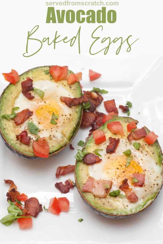 a plate with baked eggs in avocado topped with crumbled bacon and tomatoes and Pinterest pin text.