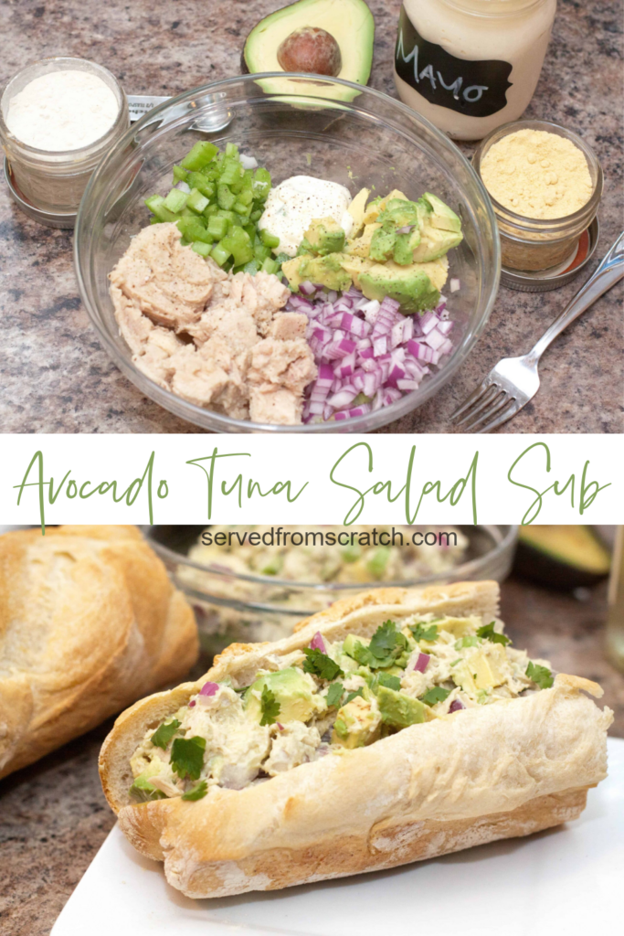 a bowl of tuna salad and a tuna salad sub and pintereset text.