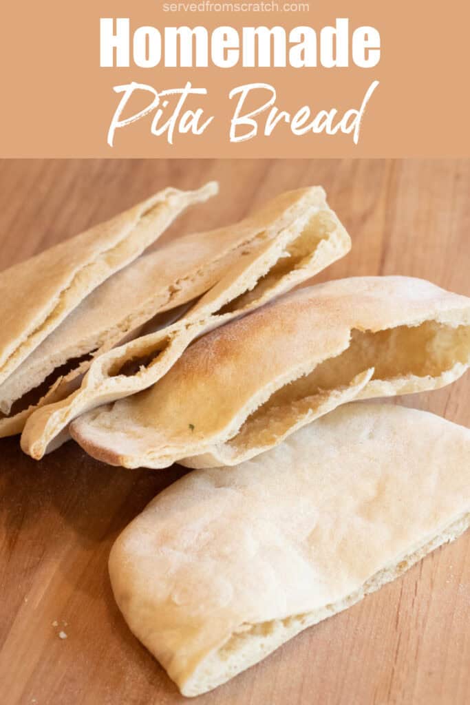 pita breads sliced in half on a cutting board with Pinterest pin text.