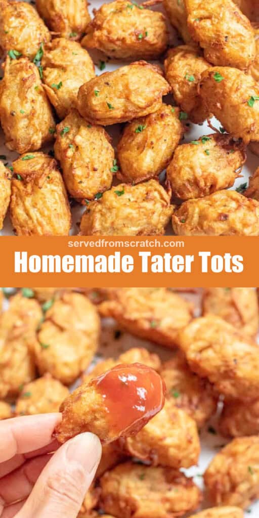 an overhead of a plate of tater tots, Pinterest pin text, and a hand holding one with ketchup.