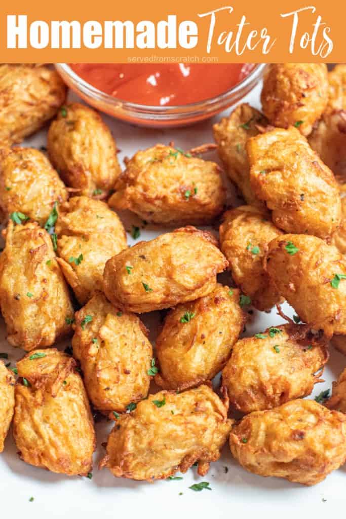 a plate of homemade tater tots with ketchup with Pinterest pin text.
