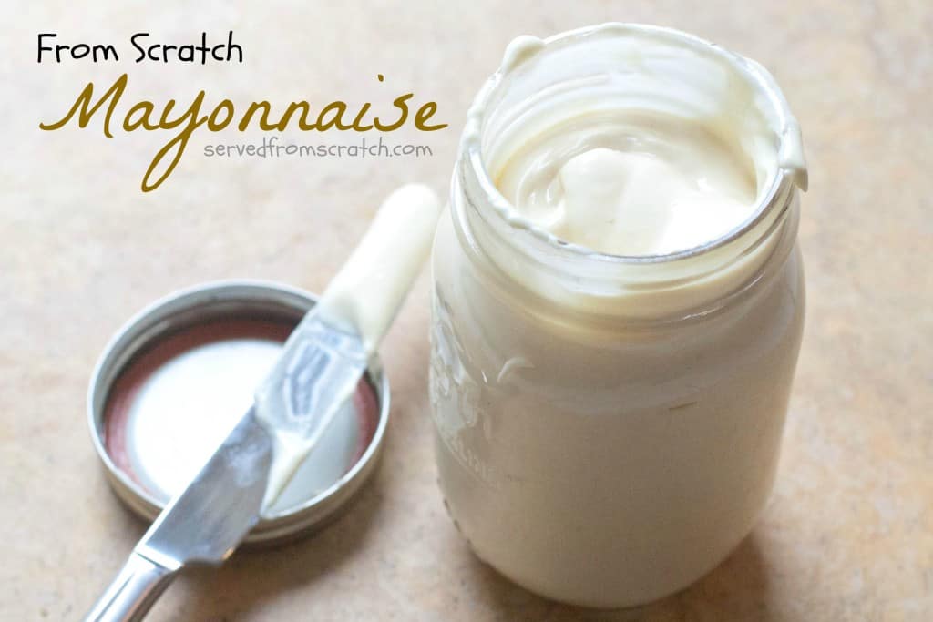 a jar of open mayonnaise with a knife and title text.